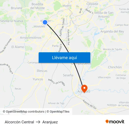 Alcorcón Central to Aranjuez map