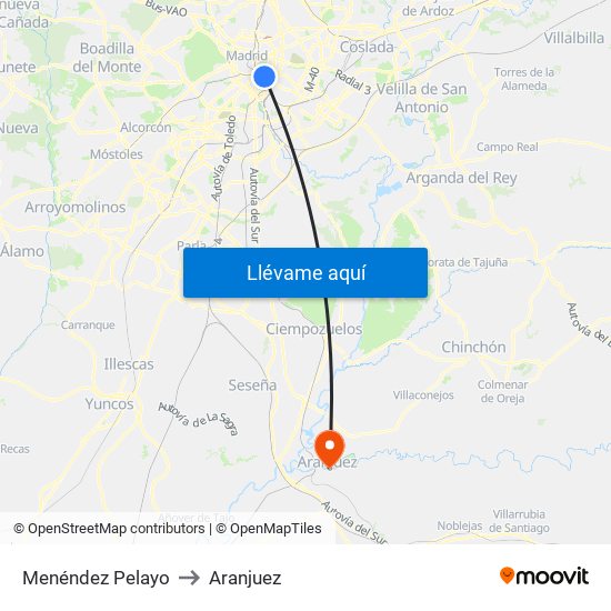 Menéndez Pelayo to Aranjuez map