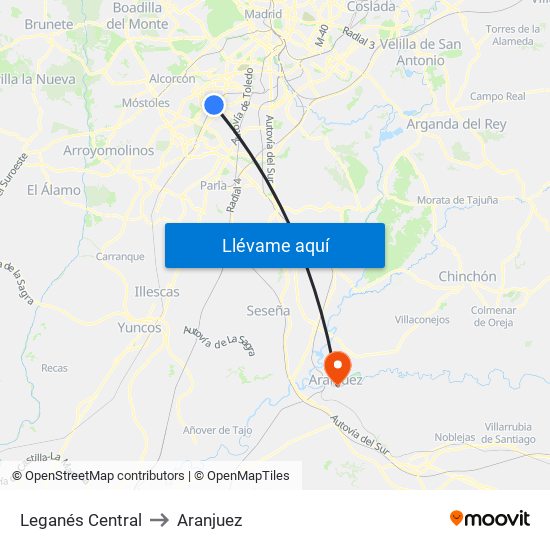Leganés Central to Aranjuez map