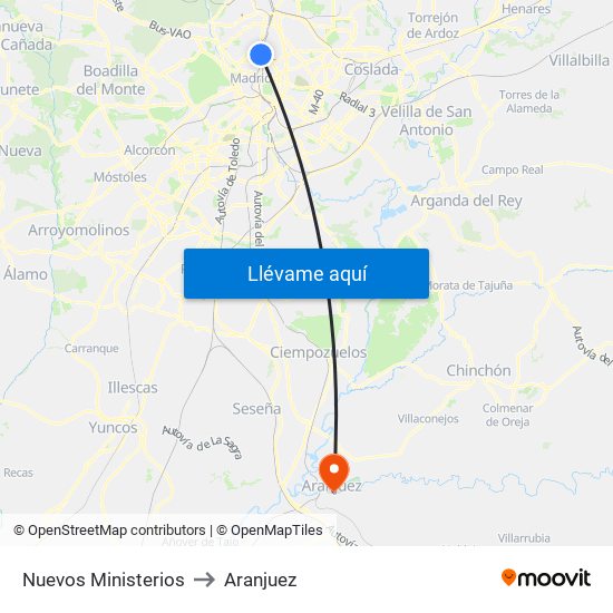 Nuevos Ministerios to Aranjuez map