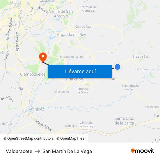Valdaracete to San Martín De La Vega map