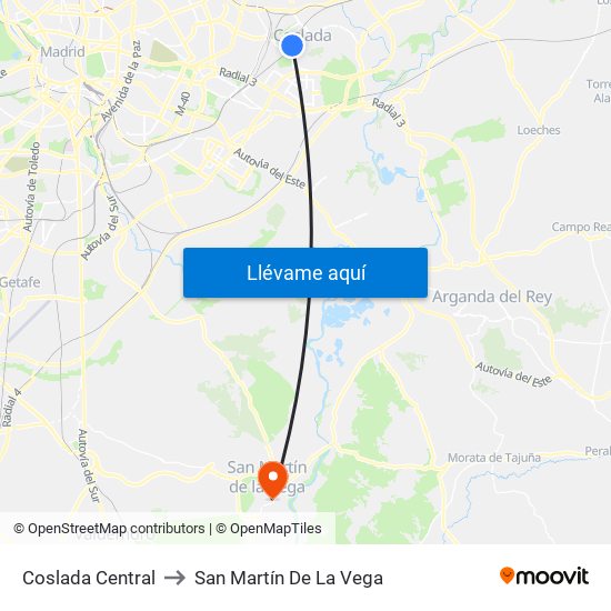 Coslada Central to San Martín De La Vega map