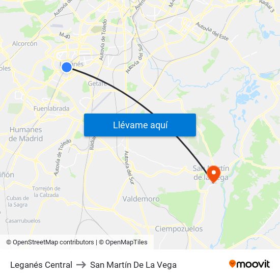 Leganés Central to San Martín De La Vega map