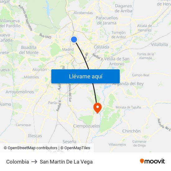 Colombia to San Martín De La Vega map