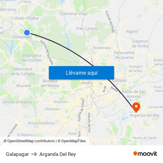 Galapagar to Arganda Del Rey map