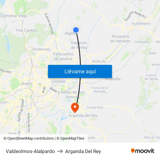 Valdeolmos-Alalpardo to Arganda Del Rey map