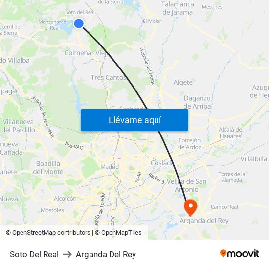 Soto Del Real to Arganda Del Rey map