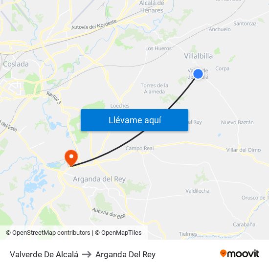 Valverde De Alcalá to Arganda Del Rey map