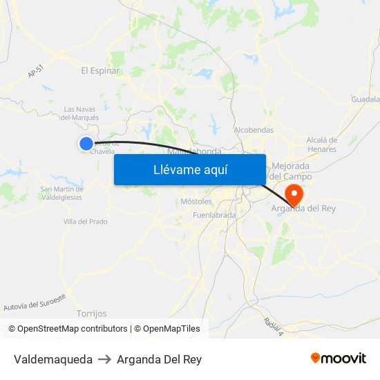 Valdemaqueda to Arganda Del Rey map