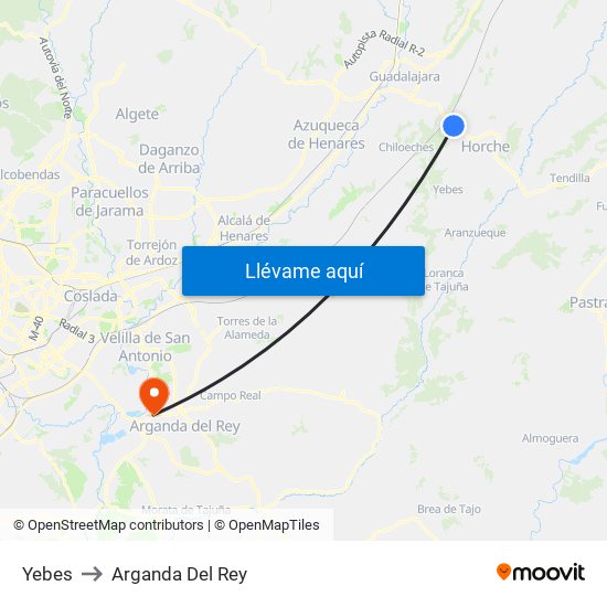Yebes to Arganda Del Rey map