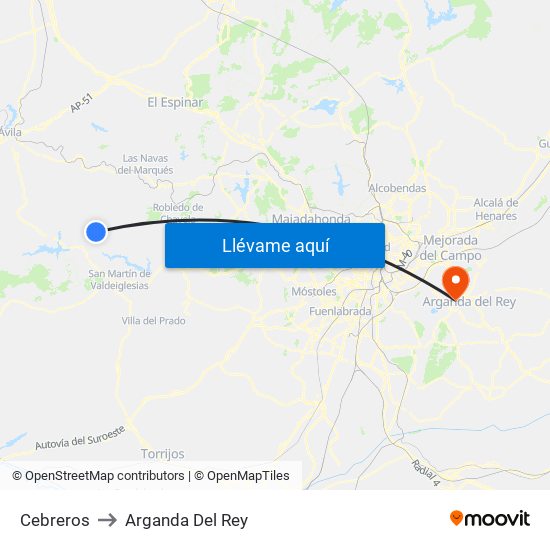 Cebreros to Arganda Del Rey map