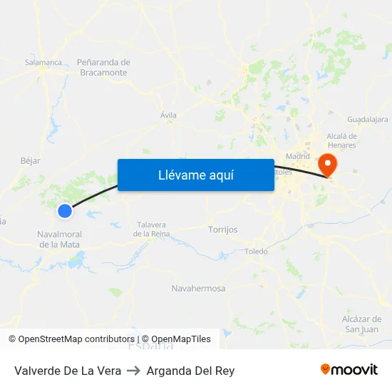 Valverde De La Vera to Arganda Del Rey map