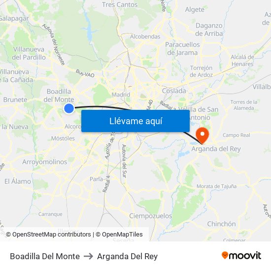 Boadilla Del Monte to Arganda Del Rey map