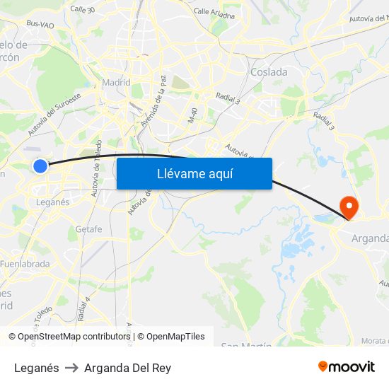 Leganés to Arganda Del Rey map