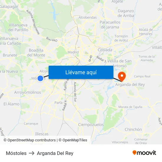Móstoles to Arganda Del Rey map