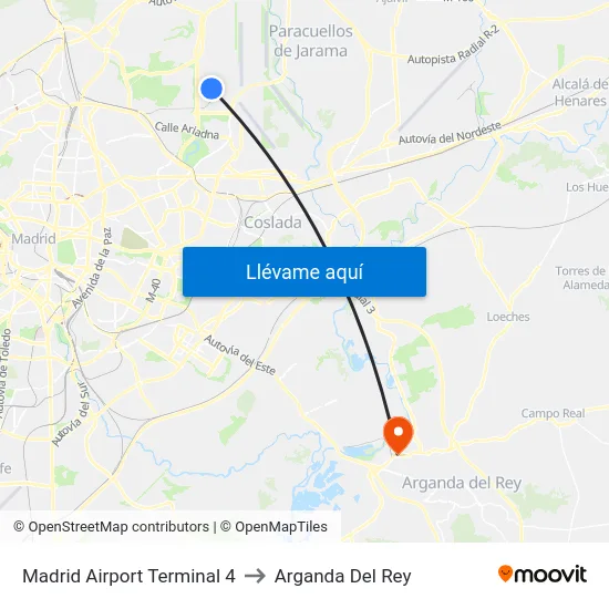 Madrid Airport Terminal 4 to Arganda Del Rey map