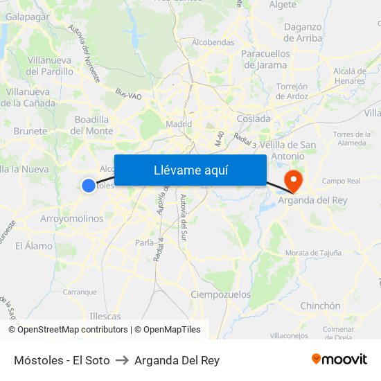 Móstoles - El Soto to Arganda Del Rey map