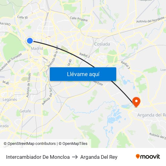 Intercambiador De Moncloa to Arganda Del Rey map