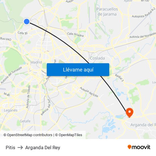 Pitis to Arganda Del Rey map