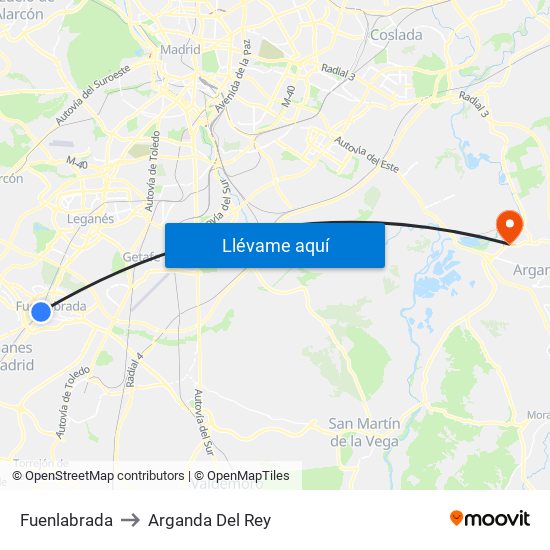 Fuenlabrada to Arganda Del Rey map