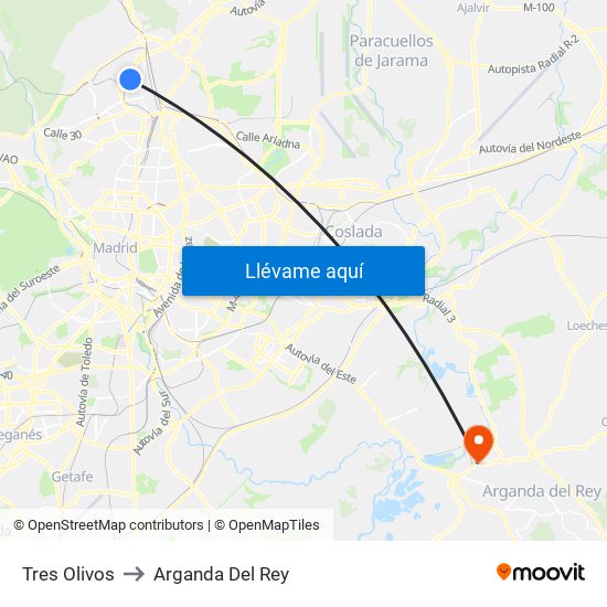 Tres Olivos to Arganda Del Rey map