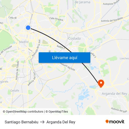 Santiago Bernabéu to Arganda Del Rey map