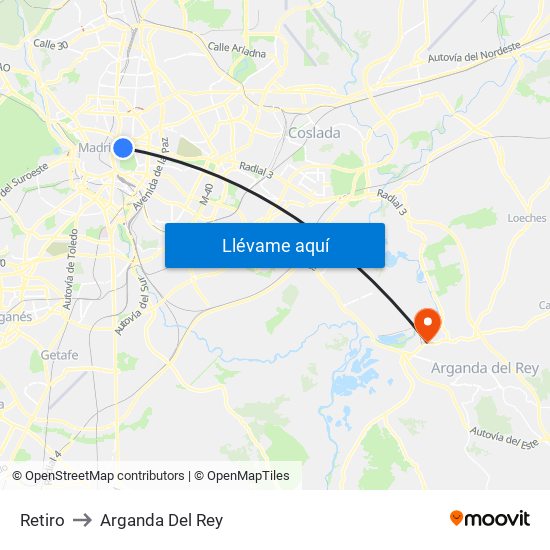 Retiro to Arganda Del Rey map