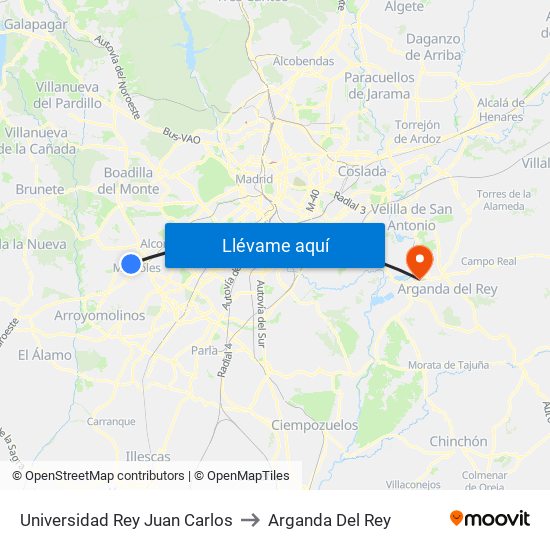 Universidad Rey Juan Carlos to Arganda Del Rey map