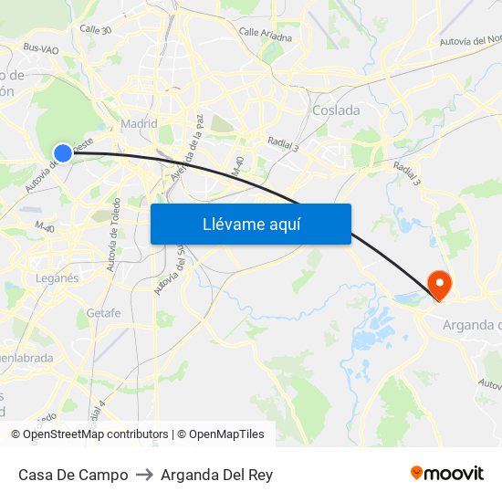 Casa De Campo to Arganda Del Rey map