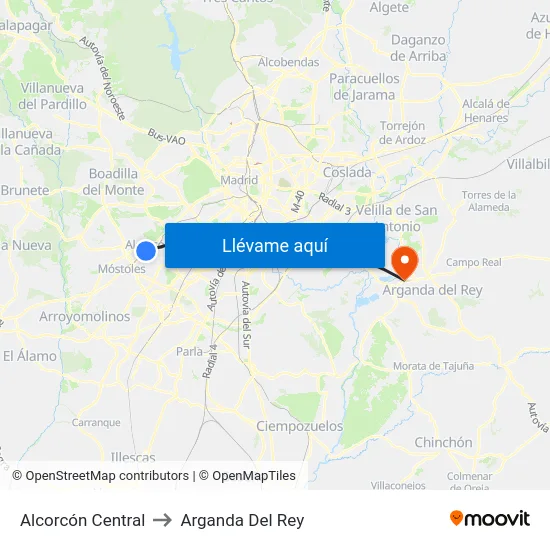 Alcorcón Central to Arganda Del Rey map