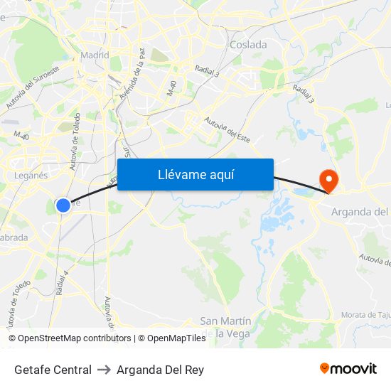 Getafe Central to Arganda Del Rey map