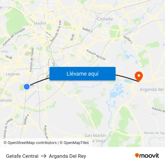 Getafe Central to Arganda Del Rey map