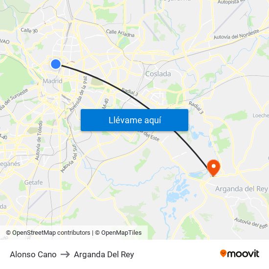 Alonso Cano to Arganda Del Rey map