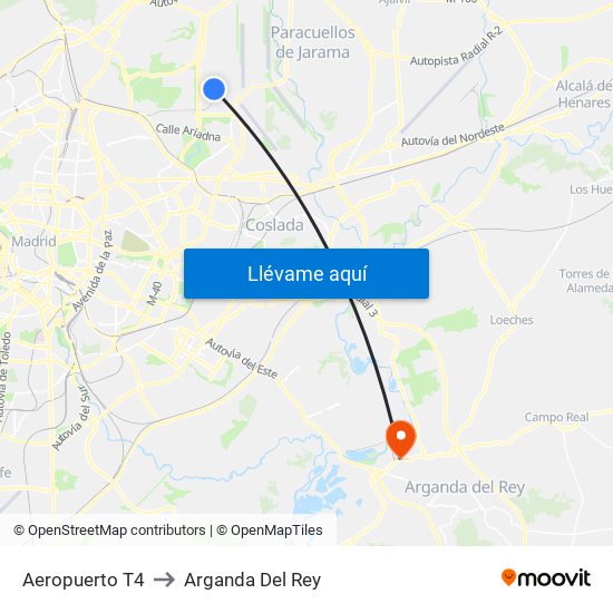 Aeropuerto T4 to Arganda Del Rey map