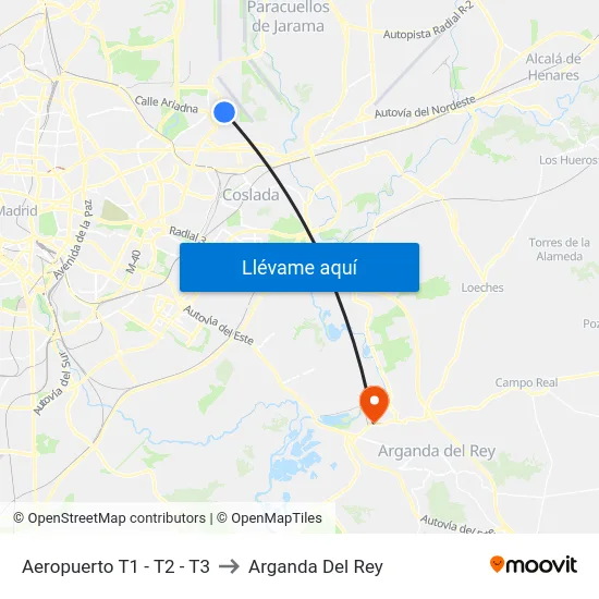 Aeropuerto T1 - T2 - T3 to Arganda Del Rey map