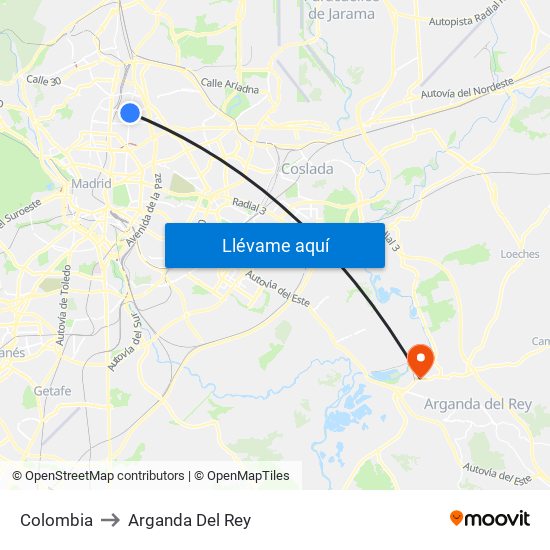 Colombia to Arganda Del Rey map