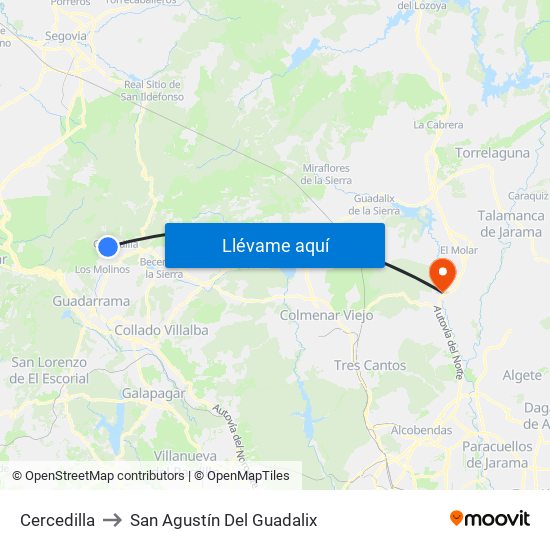 Cercedilla to San Agustín Del Guadalix map