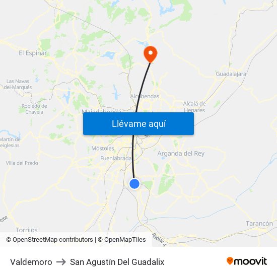 Valdemoro to San Agustín Del Guadalix map