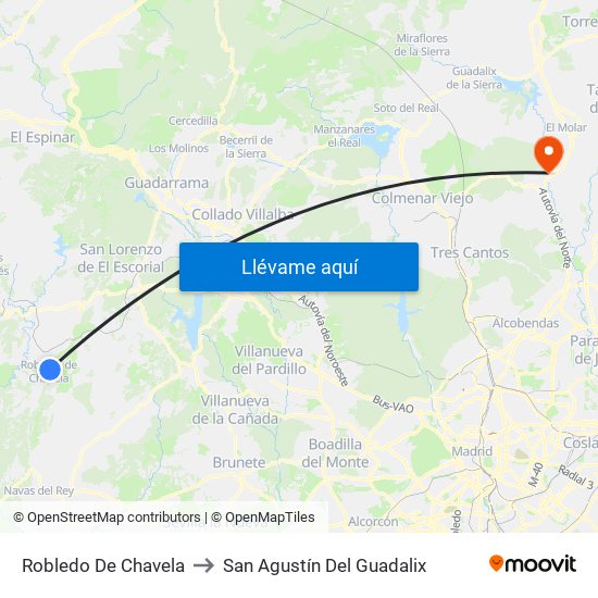 Robledo De Chavela to San Agustín Del Guadalix map