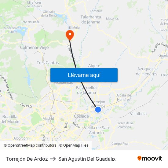 Torrejón De Ardoz to San Agustín Del Guadalix map