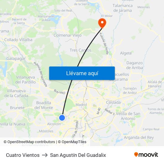 Cuatro Vientos to San Agustín Del Guadalix map