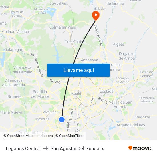 Leganés Central to San Agustín Del Guadalix map