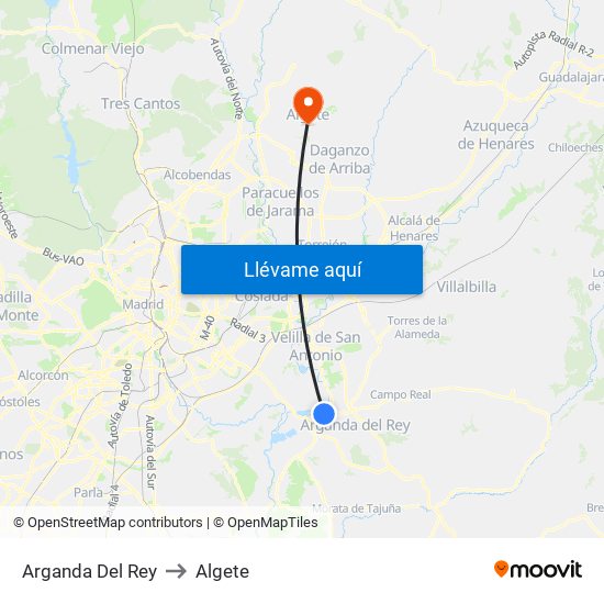 Arganda Del Rey to Algete map