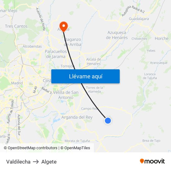 Valdilecha to Algete map