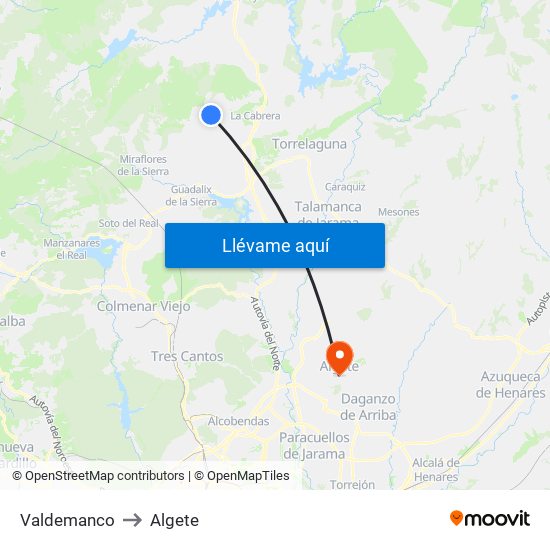 Valdemanco to Algete map