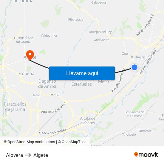 Alovera to Algete map