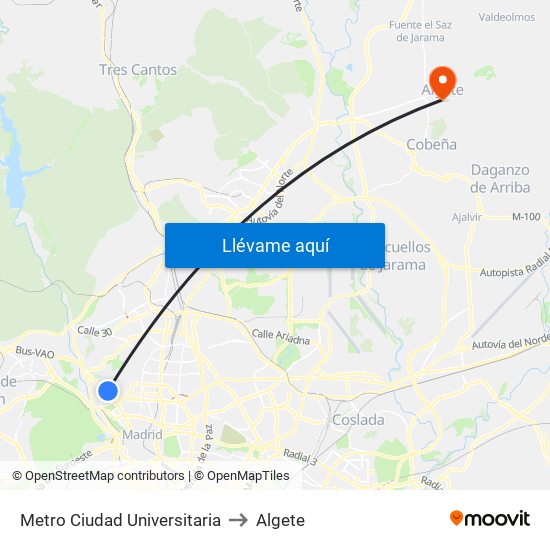 Metro Ciudad Universitaria to Algete map