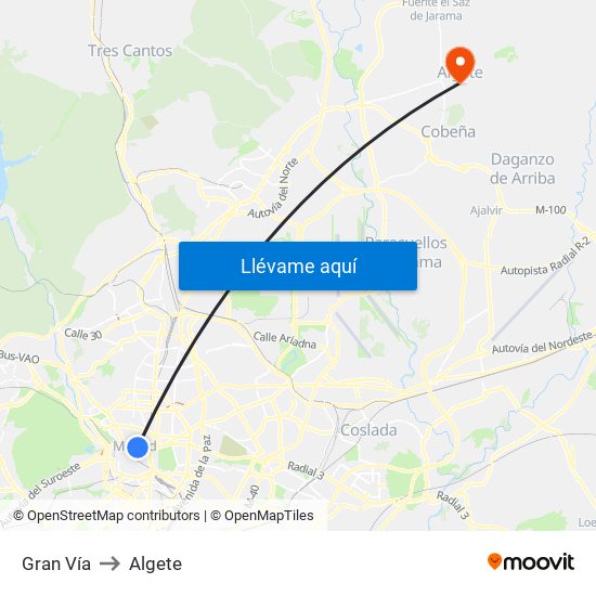 Gran Vía to Algete map