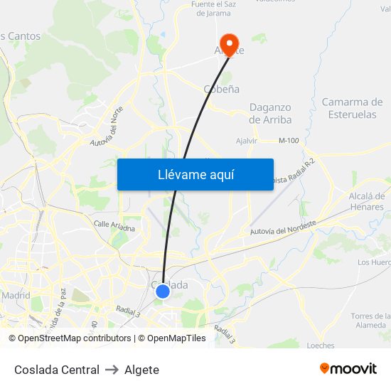 Coslada Central to Algete map