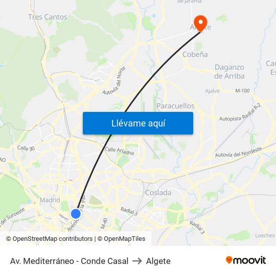 Av. Mediterráneo - Conde Casal to Algete map